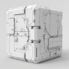 A futuristic mysterious 3D box made of stone and metal isolated on white background in the style of sci fi video games.