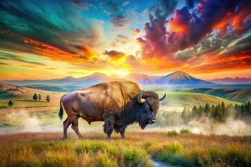 Dreamy watercolor double exposure artwork featuring majestic bison roaming freely in vibrant colors amidst rolling hills and vast open plains at sunset.