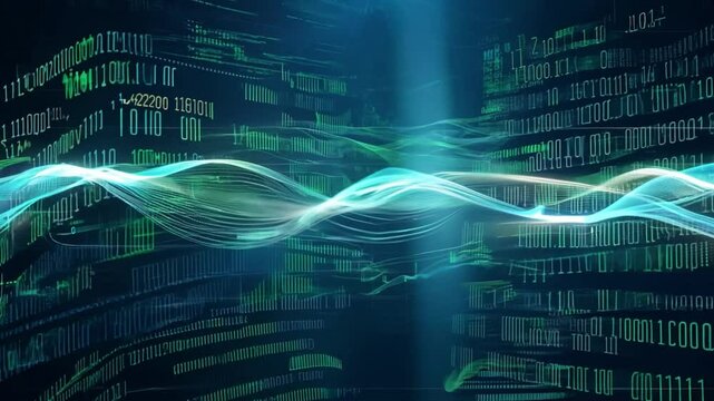 Glowing, abstract digital data flows across a dark blue background, represented by a light blue wave. Green binary code appears in the background.