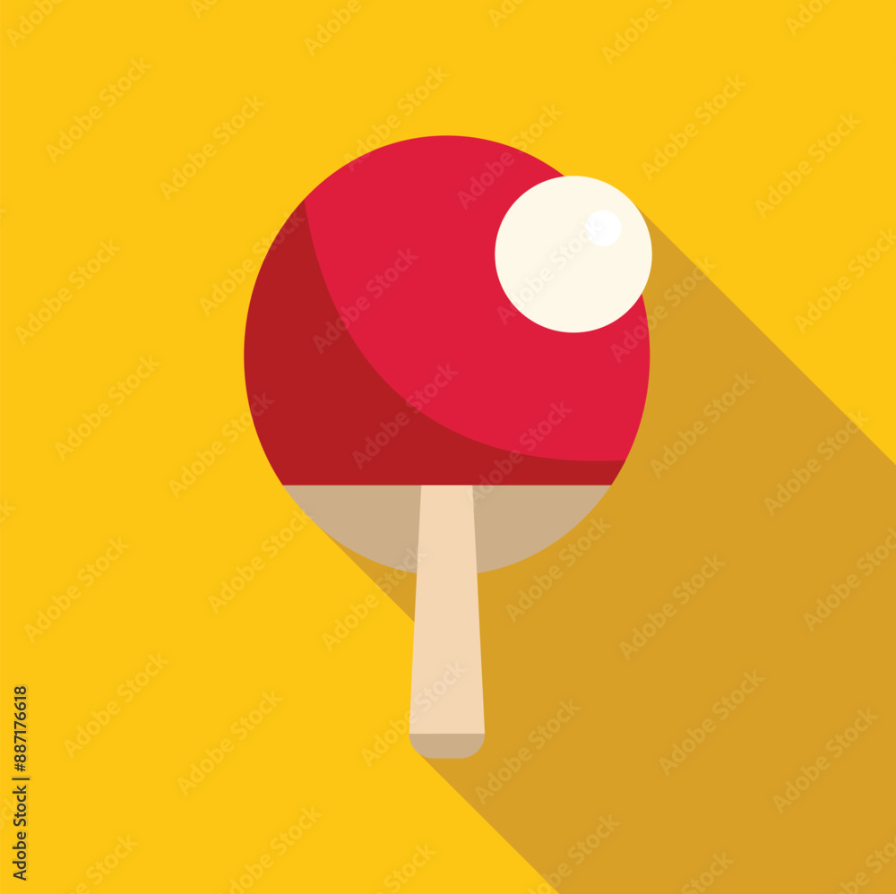 Poster minimalist flat lay image of a red ping pong paddle and white ball casting a shadow on a yellow back
