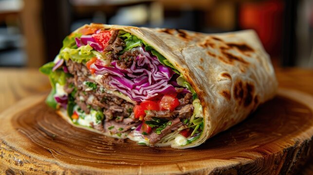 a doner kebab wrap made in toasted lavash bread The toppings of the wrap consist of sliced red cabbage mixed greens baby spinach Radicchio and arugula pickles and pickled hot red and green peppers a