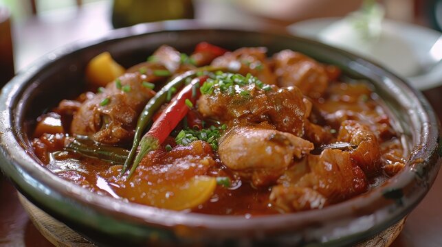 Chicken Caldereta or Kalderetang Manok Is Filipino Stew Chicken in Spicy Tomato Sauce with Liver Paste