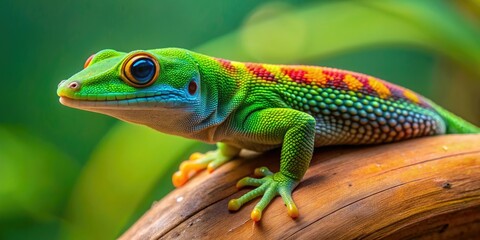 Fototapeta premium Vibrant Madagascar giant day gecko perches on a dry bud, showcasing striking color patterns, tiny claws, and delicate features in exquisite macro detail.