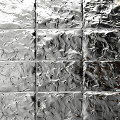 A wall covered with foil square tiles made of silver aluminium foil with textured and weathered surface.