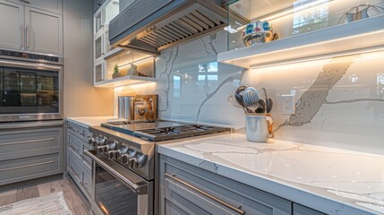 A kitchen with a white marble countertop and a stainless steel oven. Generate AI image