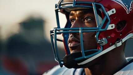 Close Up of a Football Player Wearing a Helmet on the Field