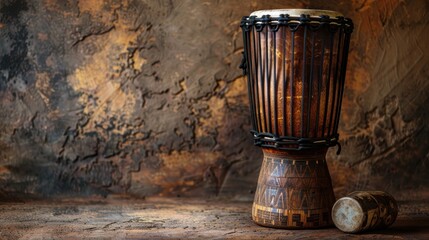 African Djembe Drum on Rustic Background.
