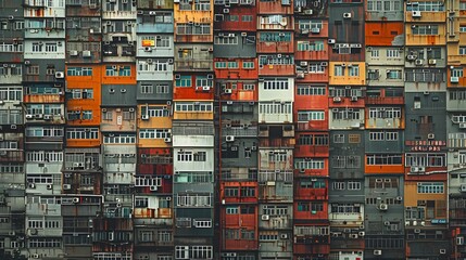 A row of buildings with many windows and a sign on the side
