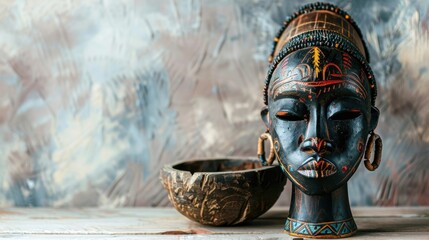 African wooden mask with tribal patterns and beads.