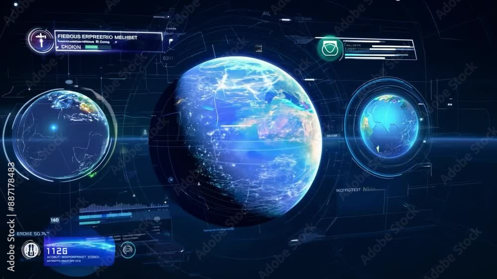 Poster a digital representation of earth with a 3d model and data displayed in a futuristic interface.