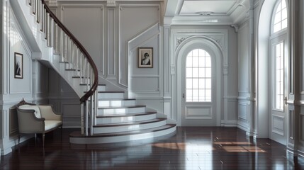 A large, empty room with a white staircase leading up to a door. Generate AI image