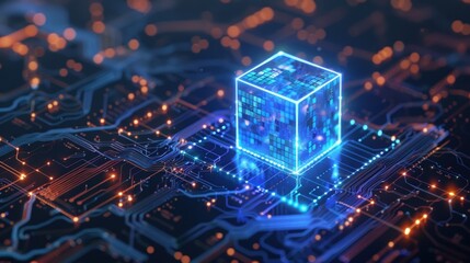 A blue glowing cube of data floating over a circuit board. Generate AI image