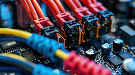 Close up of circuit board with colorful wires.