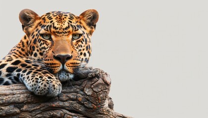 Naklejka premium Close up portrait of a leopard resting on a tree branch.