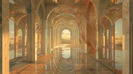 A long, arched hallway with white marble pillars and floors, reflecting sunlight in a shimmering pool of light.