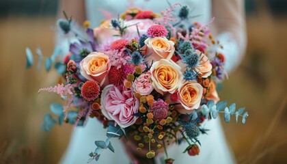 Close-up of a colorful wedding bouquet.