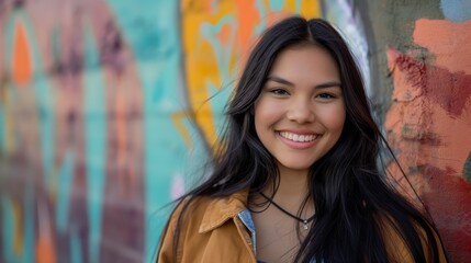 Naklejka premium Urban Street Art Vibes, Smiling Teenage Girl Posing with Colorful Graffiti Background, Diverse Asian American Model in Casual Clothing