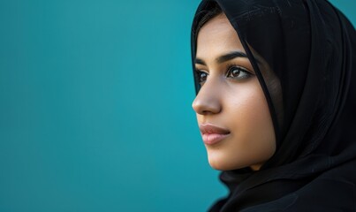 Close-up portrait of a Muslim woman in a black hijab against a teal background.
