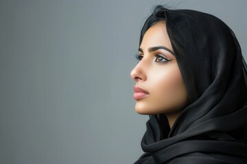 Close-up portrait of a woman wearing a hijab, looking to the side, with copy space.