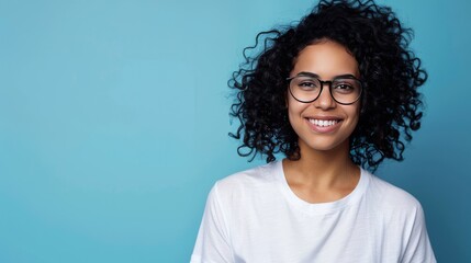 A woman with curly hair and glasses is smiling. Generate AI image