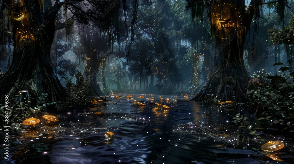 Aufkleber a river flows through a dense, magical forest at night, illuminated by glowing lights in the trees a