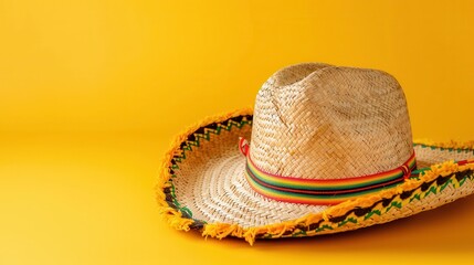 Colorful Mexican Sombrero Hat on Yellow Background.