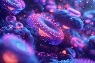 Obraz premium Glowing jellyfish in a vibrant underwater world with neon lights.