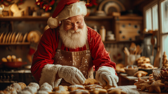 santa claus baking homemade cookies in the kitchen on christmas eve