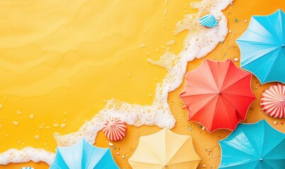 Colorful Umbrellas on Sandy Beach with Foamy Ocean Waves.