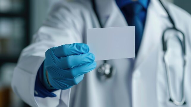 Doctor holding blue gloved hand with card reading Covid 19 Lambda Variant Concept of medical and COVID 19 lambda variant strain Blank space for writing