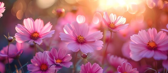 Fototapeta premium Delicate Pink Cosmos Flowers in the Sunset Light