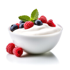 Greek yogurt with raspberries and mint isolated on white background.