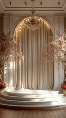Elegant White Stairs With Floral Decorations in a Classical Interior.