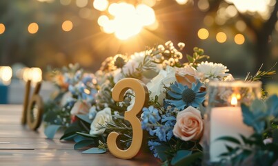 Floral Table Decoration with Golden Numbers.