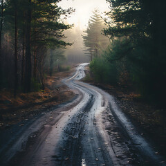 Obraz premium Mountain road in the misty forest.