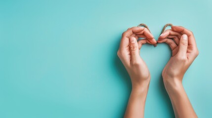 Hands forming heart shape with string on blue background.