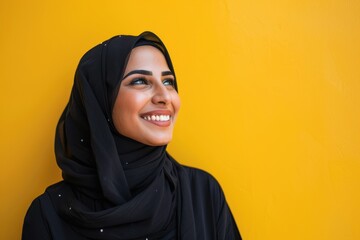 Happy Muslim woman in a headscarf against a yellow background.