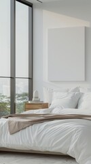 Minimalist bedroom interior with white bedding and a blank canvas.