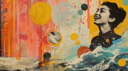 Nostalgic 1950s collage: a vibrant and eclectic mix of imagery capturing the essence of mid-century aesthetics, evoking the spirit of a bygone era through colorful and dynamic compositions