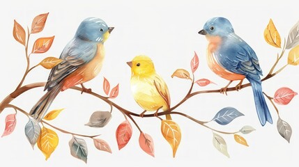 Fototapeta premium Three birds are perched on a branch with leaves. Generate AI image