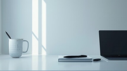 Naklejka premium Minimalist workspace with laptop, notebook, and pen.