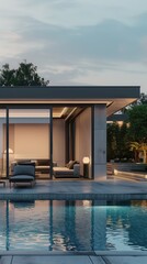 Fototapeta premium Modern house with swimming pool at dusk.