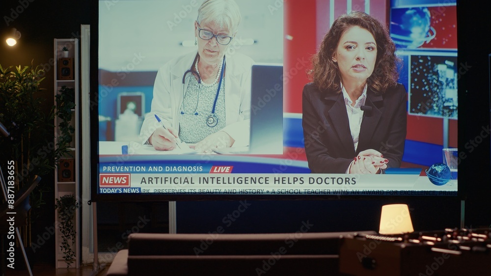 Poster modern tv displaying news program broadcasting with journalist talking about artificial intelligence