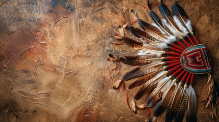 Native American Headdress on Brown Background.