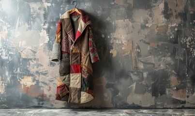 Patchwork Coat Hanging on a Rustic Wall.