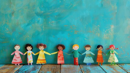 Obraz premium Paper doll chain of diverse children holding hands.