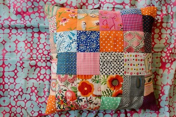 Patchwork pillow on colorful fabric.