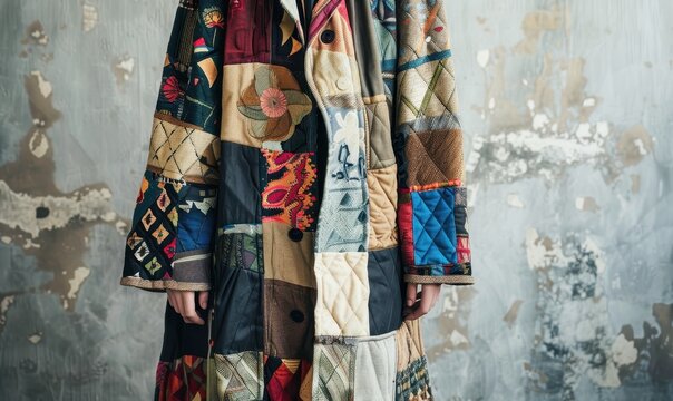 Patchwork Coat with Abstract Patterns.