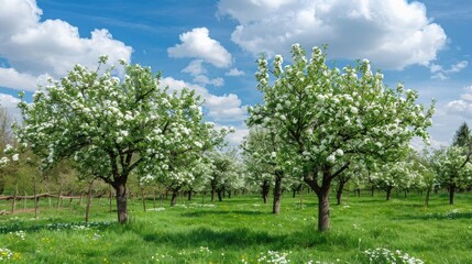 Fototapeta premium Apple trees in park blooming abundantly under blue sky