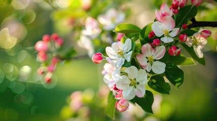 Apple tree in bloom with white and pink flowers during spring or summer
